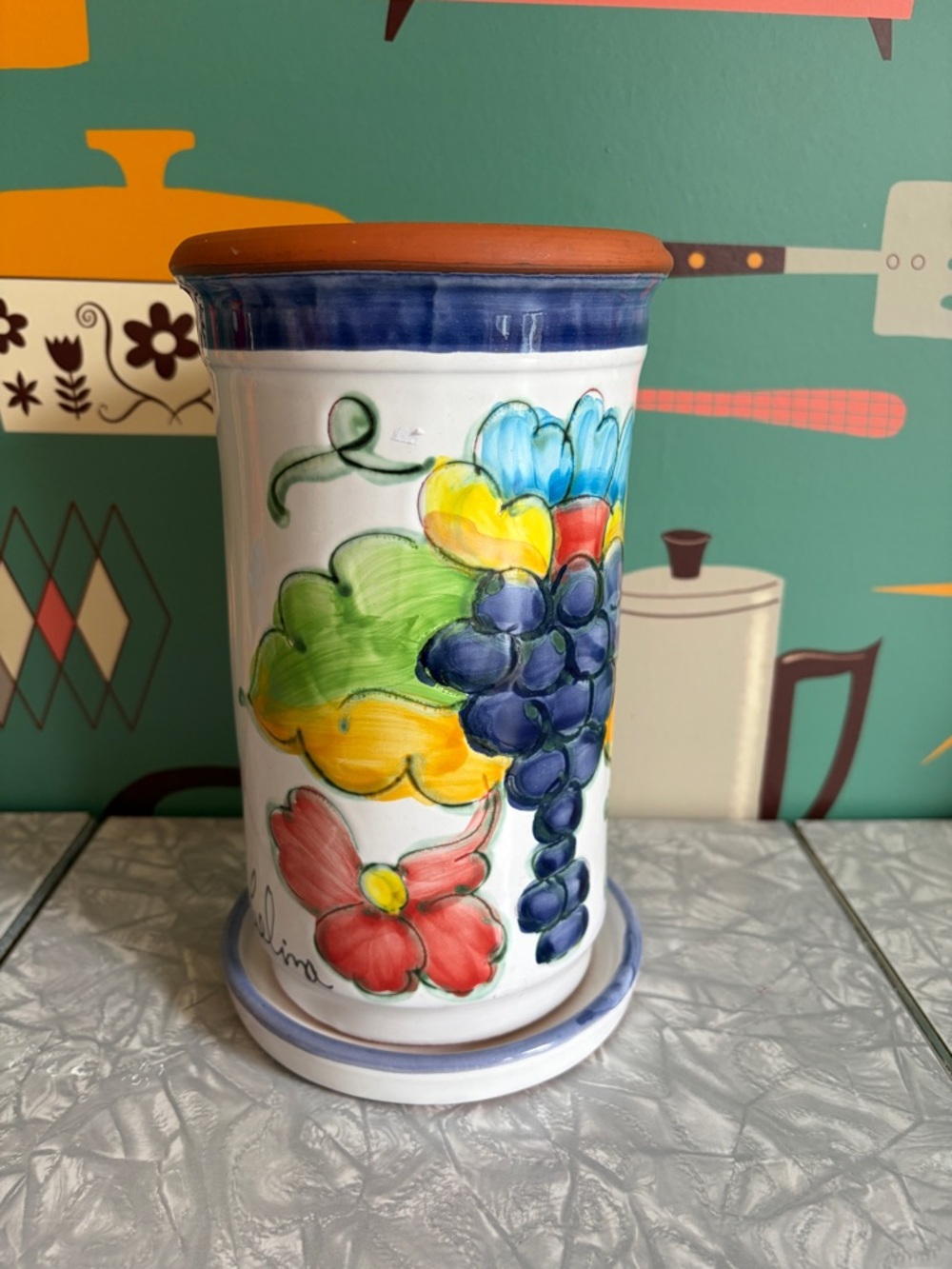 Vintage signed Celina Pottery wine cooler/utensil holder with clay coaster